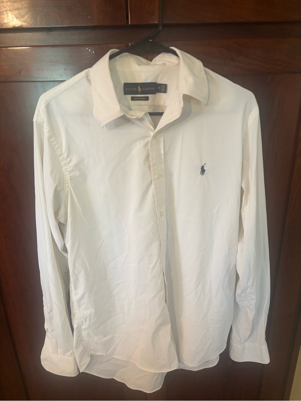 Ralph Lauren Men's White Button-Down Dress Shirt with Navy Logo